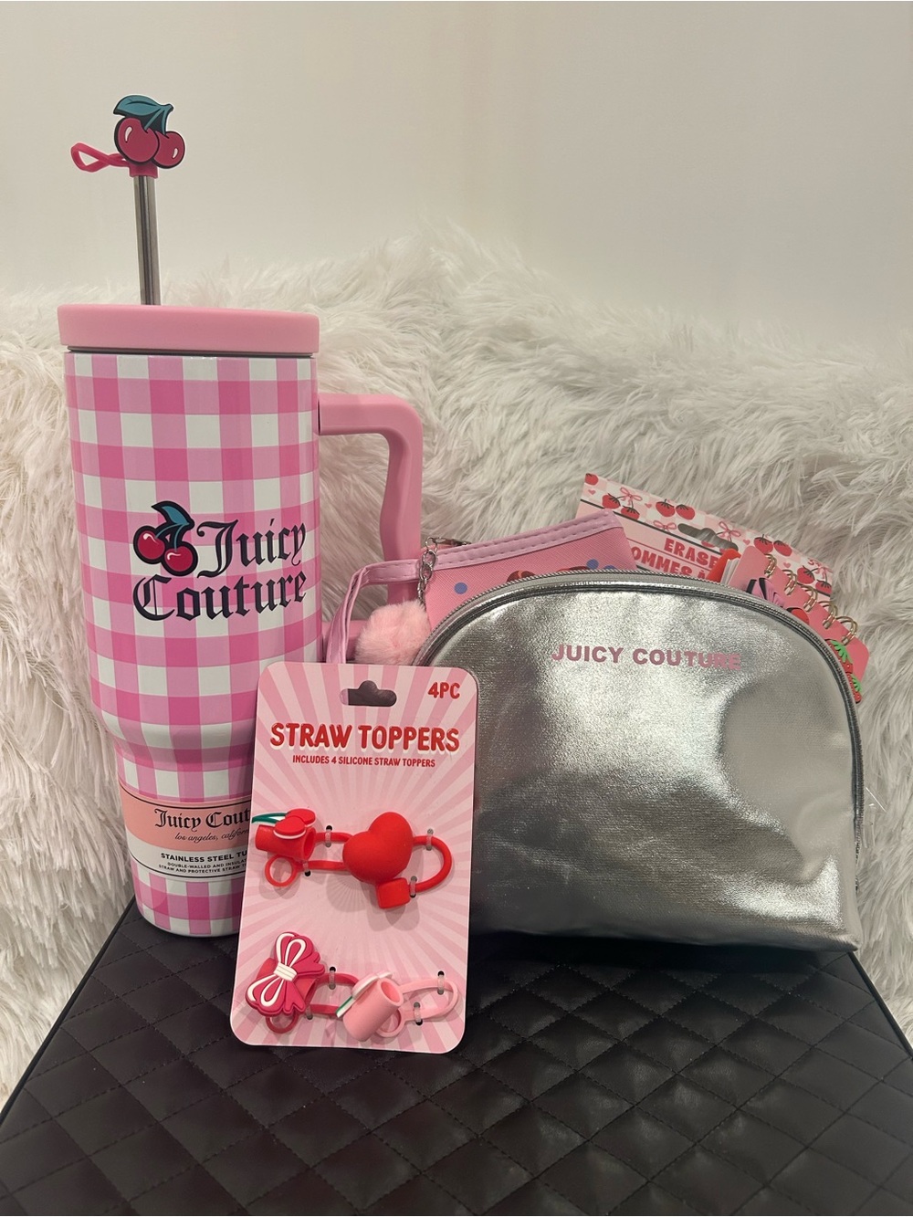 Juicy Couture 40 Oz Stainless Cup & Bag Bundle - straw tops, eraser, lip oil etc